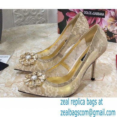 Dolce & Gabbana Heel 10.5cm Taormina Lace Pumps Gold with Crystals 2021 - Click Image to Close